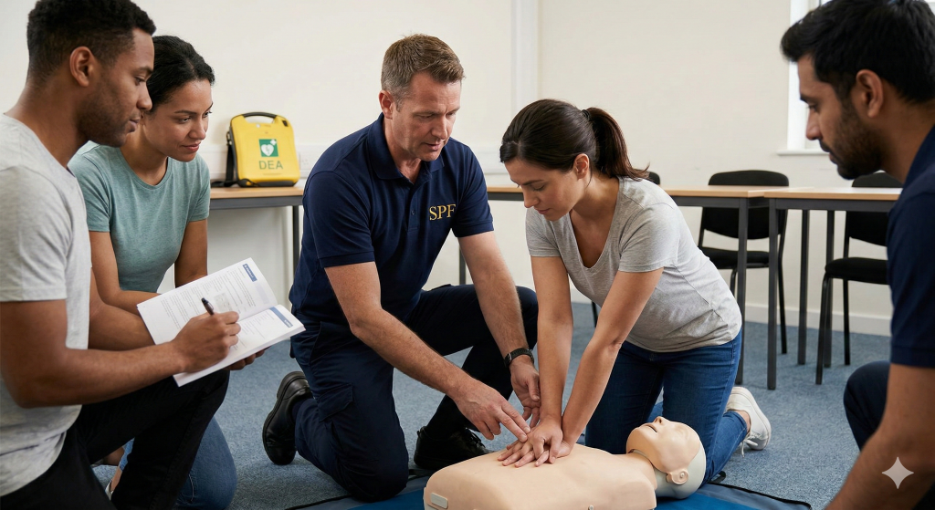 Salle de formation SST Paris 11ème - Organisme SPF certifié Qualiopi avec mannequins RCP QCPR et DAE pédagogiques.