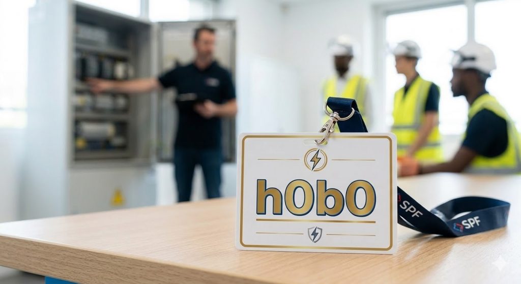 Carte de titre d'habilitation électrique H0B0 de l'organisme SPF posée sur une table en salle de formation à Paris.