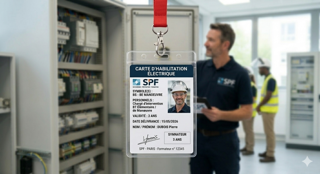 Gros plan sur une carte d'habilitation électrique BS - BE Manœuvre officielle de l'organisme SPF à Paris.