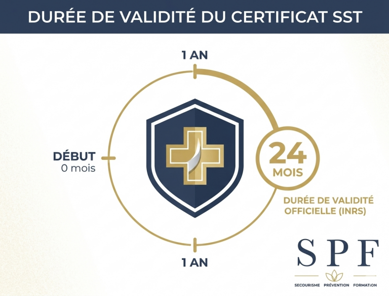 Certificat SST officiel de SPF Formation à Paris indiquant la durée de validité de 24 mois pour 2026.