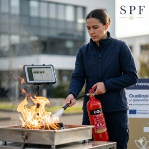 Stagiaire en formation EPI SPF manipulant un extincteur CO2 sur un bac à feu écologique en entreprise à Paris. Sécurité incendie certifiée Qualiopi.