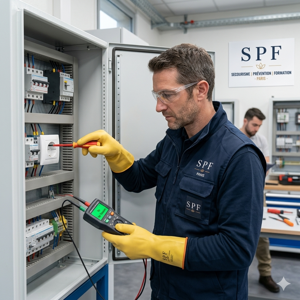 Formateur SPF effectuant une mesure de tension et une intervention sur une prise pour une formation habilitation BS BE à Paris.