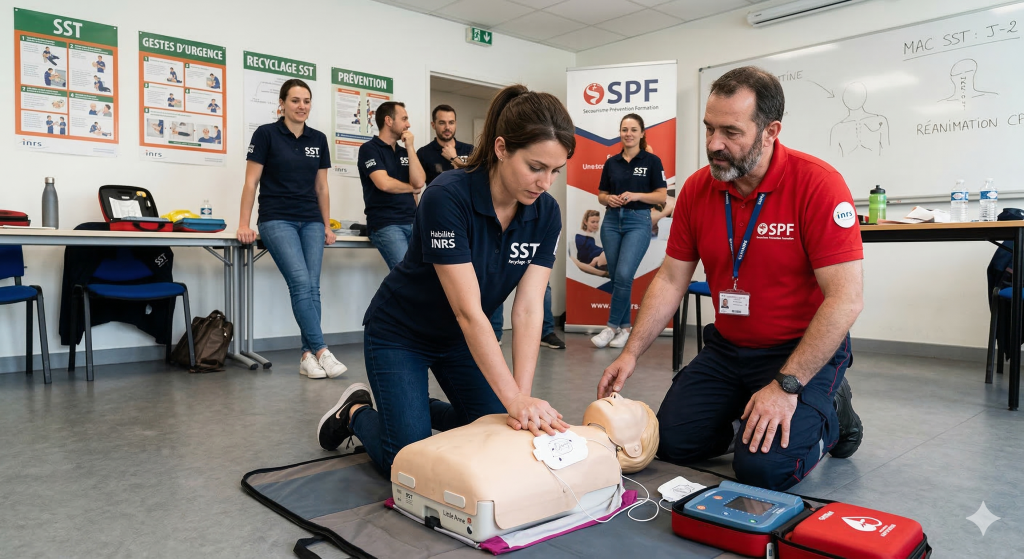 Stagiaire effectuant un massage cardiaque sur un mannequin de secourisme lors d'une formation de recyclage MAC SST supervisée par un formateur SPF.