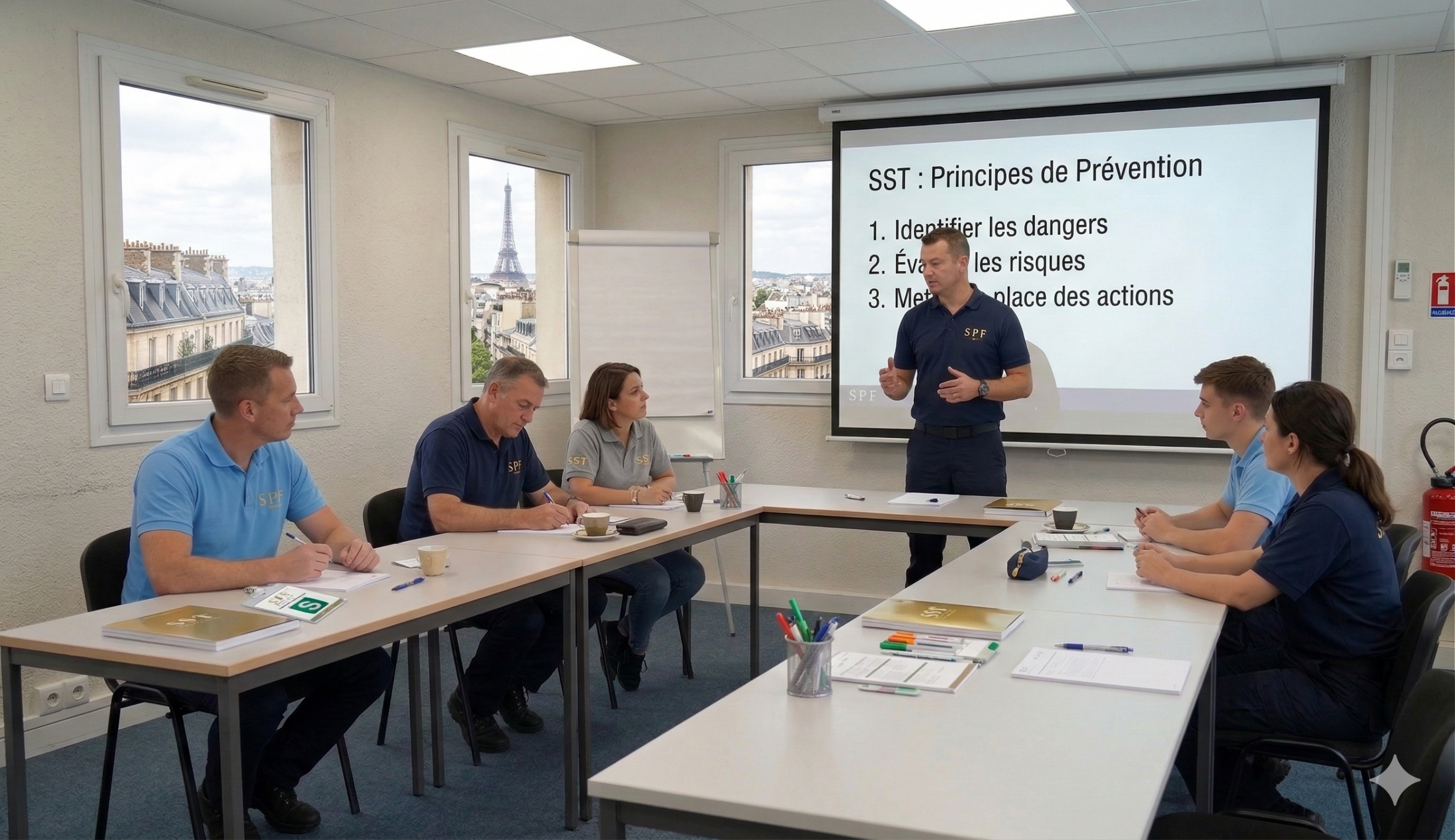 Formateur SST expliquant les principes de prévention des risques professionnels sur un écran de projection à des salariés. Partie théorique de la formation Sauveteur Secouriste du Travail organisée par Secourisme Prévention Formation à Paris.