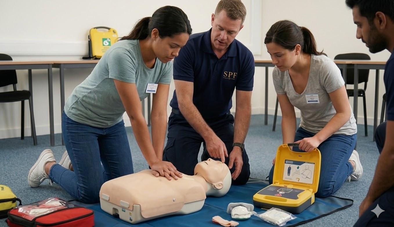 Une session de formation pratique Sauveteur Secouriste du Travail (SST) à Paris. Des participants s'exercent au massage cardiaque et à l'utilisation d'un défibrillateur sur des mannequins dans une salle de formation avec une vue sur la Tour Eiffel. Un formateur certifié SPF guide les apprenants. Secourisme Prévention Formation.