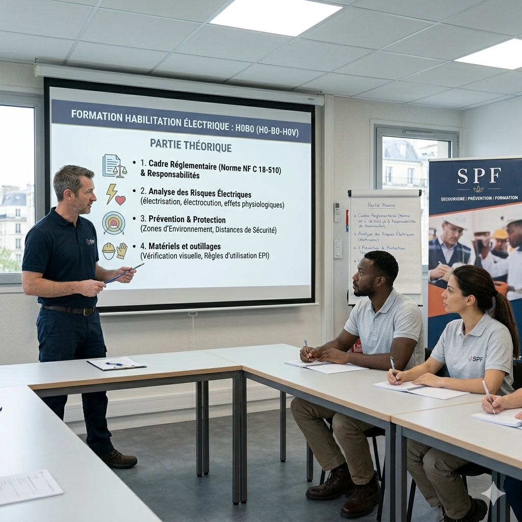 Formateur SPF présentant la théorie de l'habilitation électrique H0B0 sur écran géant à des stagiaires à Paris.