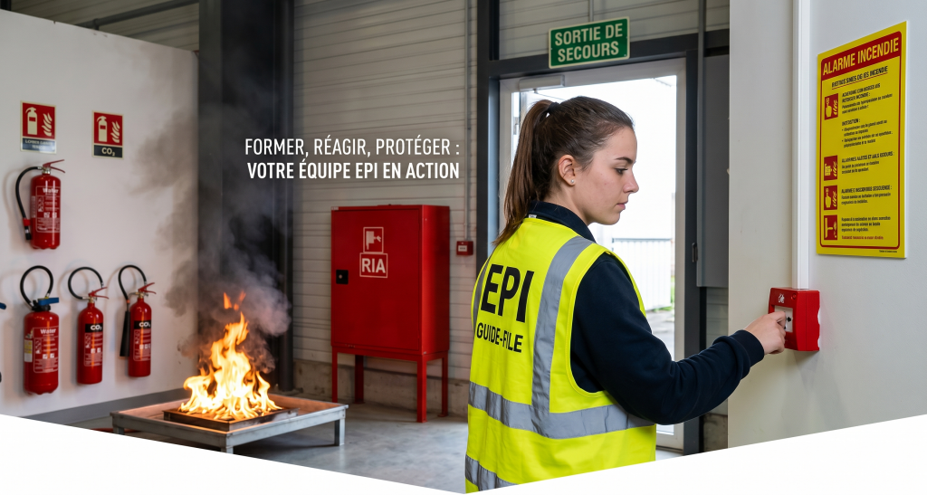 Photographie de formation incendie : une femme en gilet EPI jaune 'guide-file' active un déclencheur manuel d'alarme rouge, devant un simulateur de feu et des extincteurs.