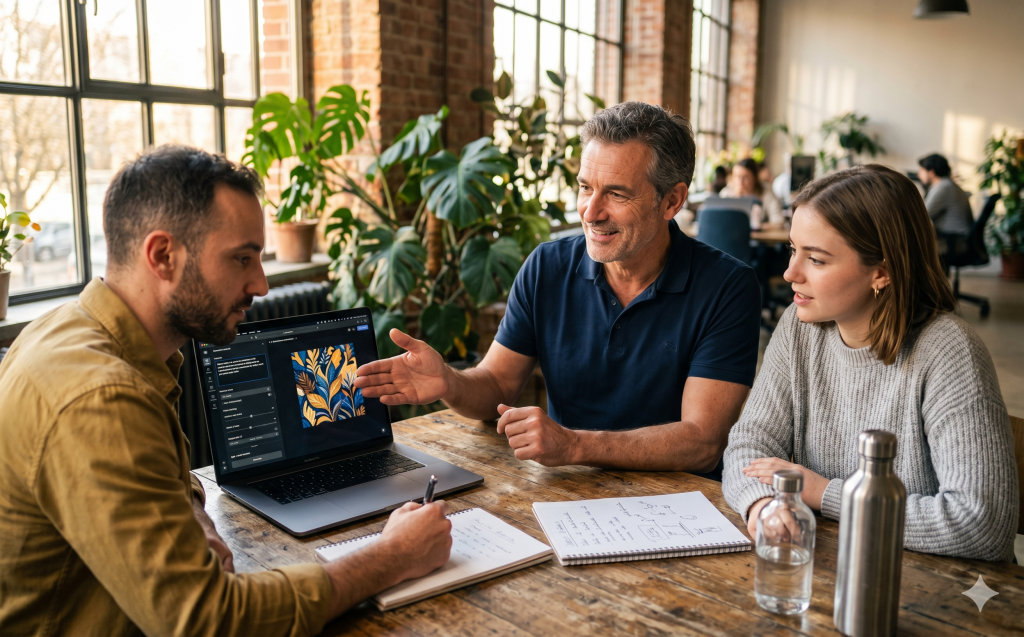 Stagiaires en formation IA de contenu à Paris analysant la génération d'un visuel par intelligence artificielle générative sur un poste de travail.