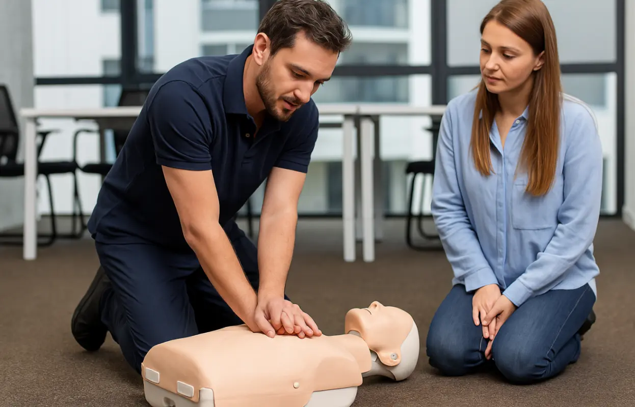 Un participant pratique le massage cardiaque (RCP) sur un mannequin de réanimation sous les yeux d'une stagiaire lors d'une formation SST à Paris.