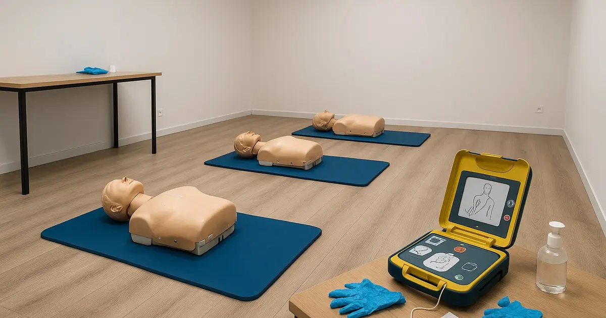 Salle de formation SST à Paris 11e avec trois mannequins de réanimation cardio-pulmonaire sur tapis bleus et un défibrillateur (DAE) d'entraînement au premier plan.
