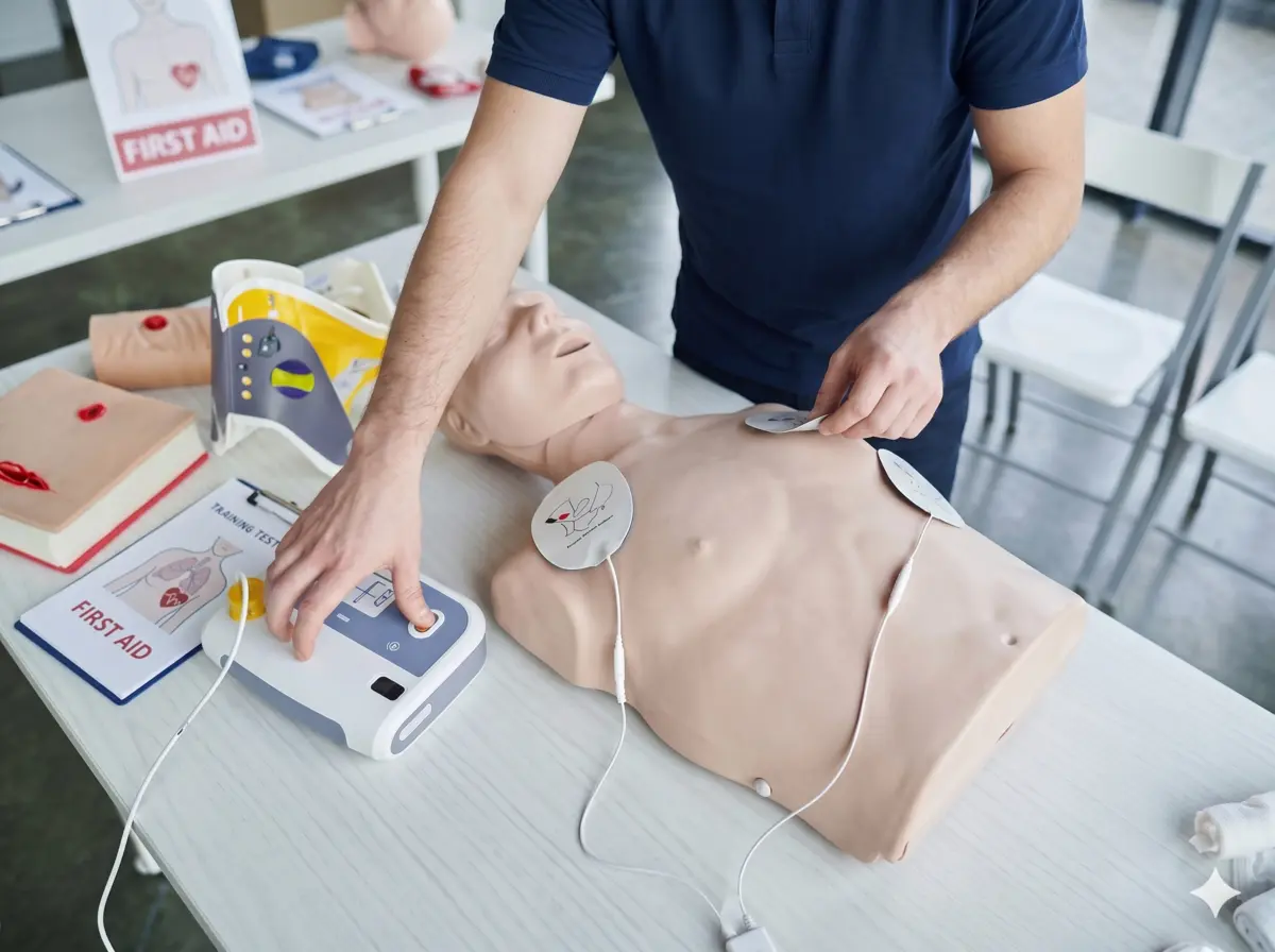 Apprentissage de l'utilisation d'un défibrillateur (DAE) d'entraînement sur un mannequin de réanimation cardio-pulmonaire lors d'une formation SST.